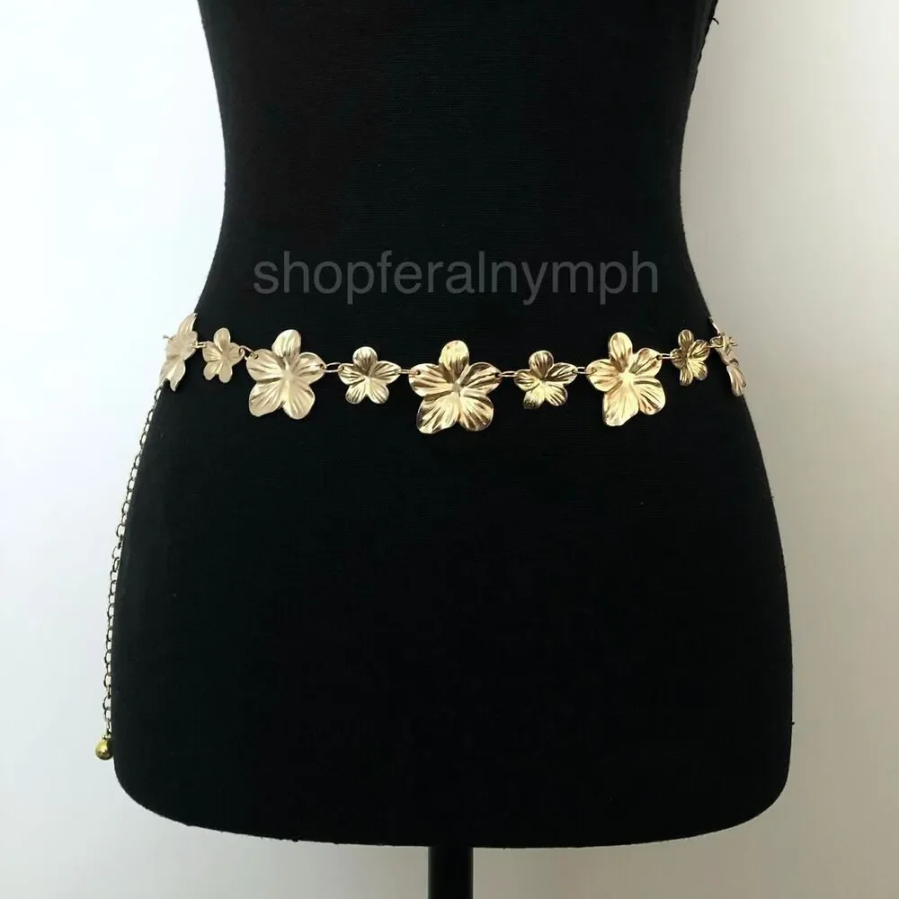 Vintage Y2K Boho Gold Flower Chain Belt, Fits 12.5–36 Inches, X7GA1179